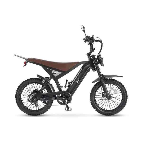 Ouxi GT20 Pro fatbike in zwart, zijaanzicht met bruin zadel, achtervering en noppenbanden