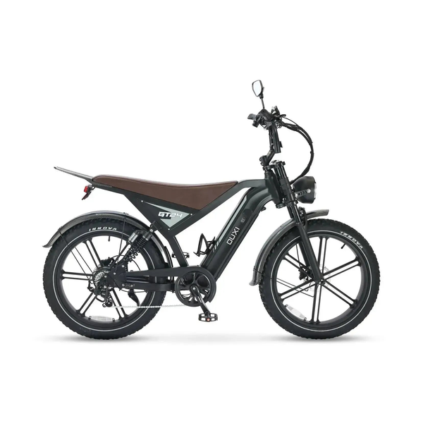 Ouxi GT24 fatbike in zwart, zijaanzicht van rechts met bruin zadel en ketting aan de aandrijfzijde