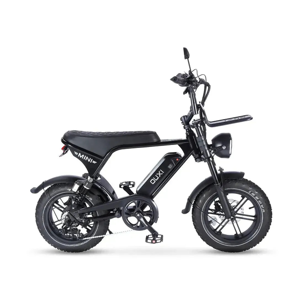 Ouxi V8 Ultra Mini fatbike in zwart, zijaanzicht rechts met ketting, voorrek en koplamp