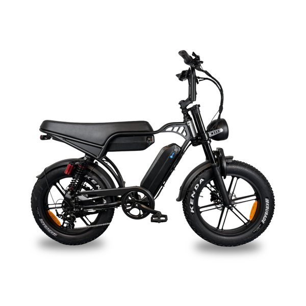 QMWheel V29 Pro Dubbele Accu fatbike in zwart, volledig zijaanzicht met lang zadel, accu in het frame en Kenda banden