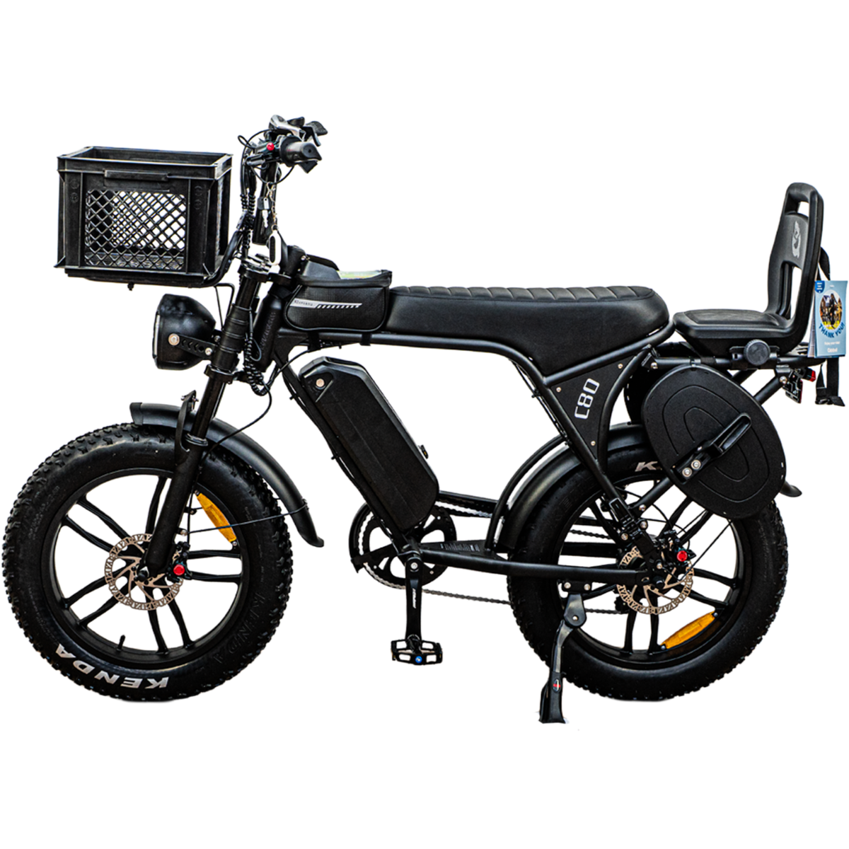 Ouxi C80 Family Edition чёрного цвета, вид сбоку с корзиной и детским сиденьем