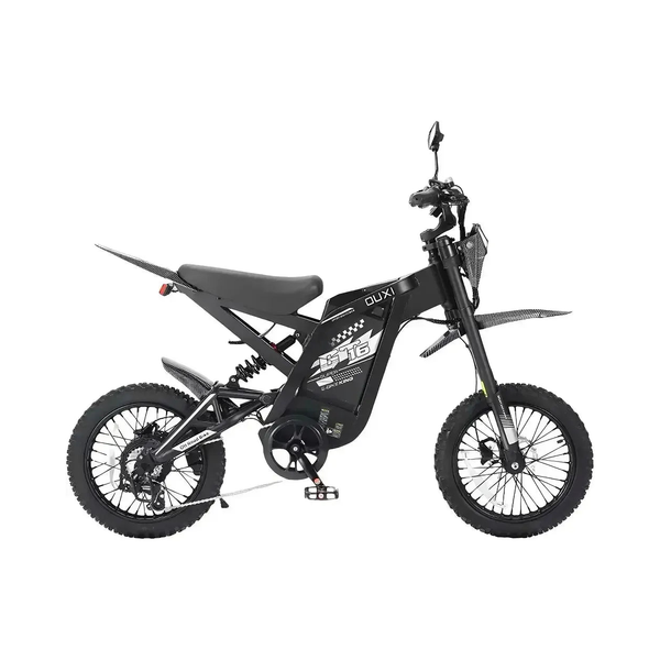 Ouxi GT16 fatbike in zwart, zijaanzicht met ketting, versnellingen en achtervering