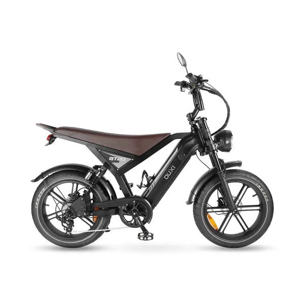 Ouxi GT20 fatbike in zwart, rechterzijaanzicht met lang bruin zadel en ronde koplamp