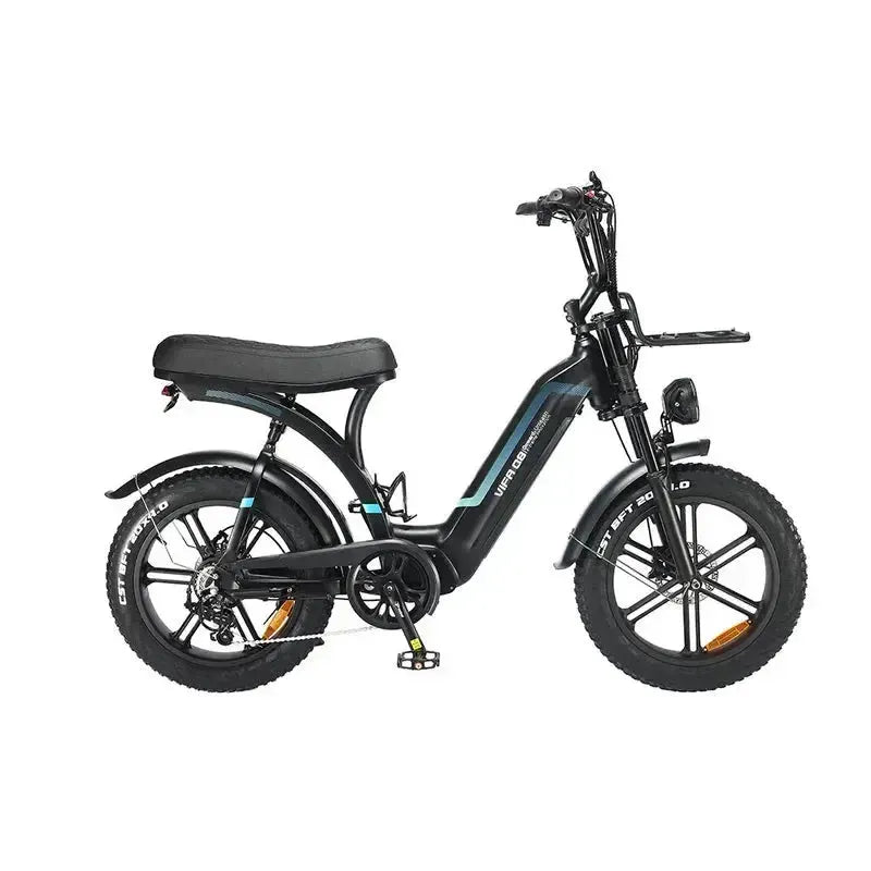 Ouxi Q8 Fatbike in Schwarz, Seitenansicht von rechts mit langer Doppelsitzbank, Frontgepäckträger und 20 Zoll Fatbike-Reifen