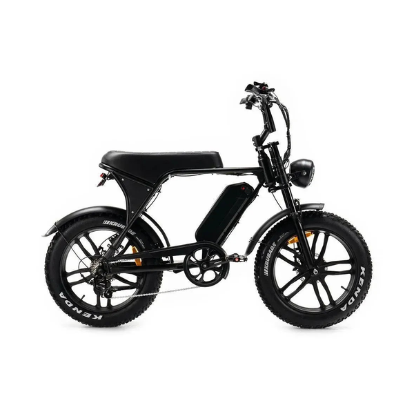 Ouxi V8 2025 fatbike in zwart, zijaanzicht van rechts met lang zadel, frameaccu en brede Kenda-banden