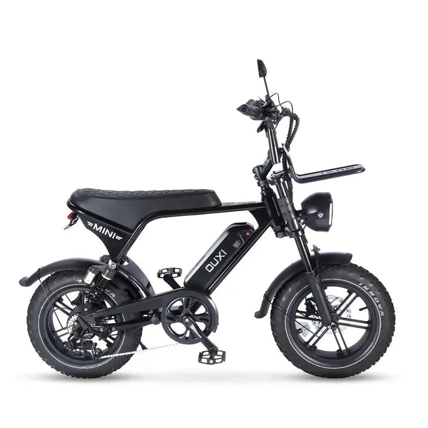 Siyah Ouxi V8 Ultra Mini fatbike, sağ yandan görünüm: zincir, ön bagaj ve far