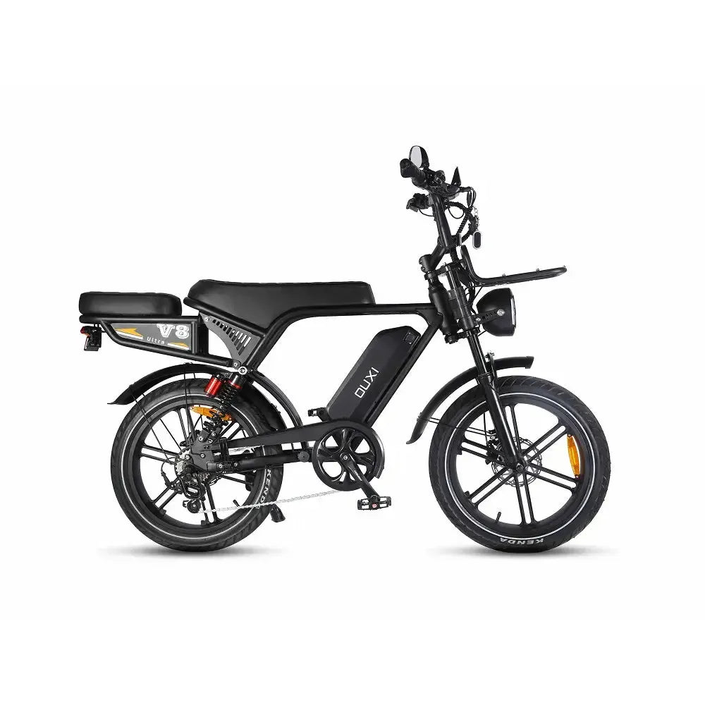 Siyah Ouxi V8 Ultra fatbike, uzun sele ve ön bagajla sağdan yan görünüm