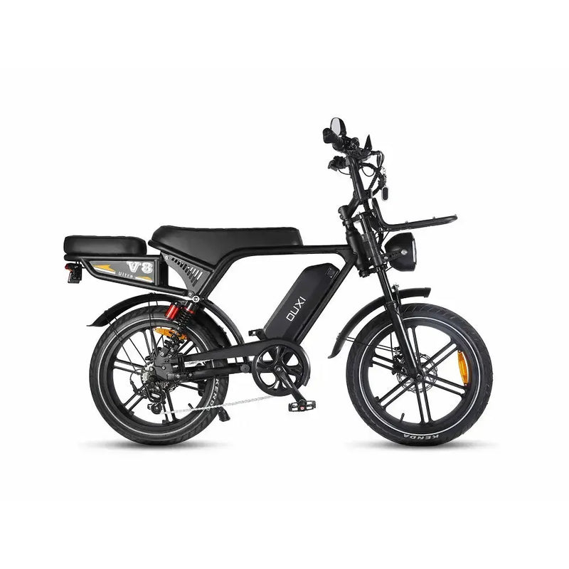 Ouxi V8 Ultra Fatbike in Schwarz, Seitenansicht von rechts mit langem Sattel und Frontgepäckträger