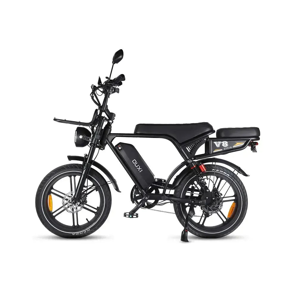 Siyah Ouxi V8 Ultra fatbike, yan sehpa ve ön disk frenle soldan yan görünüm