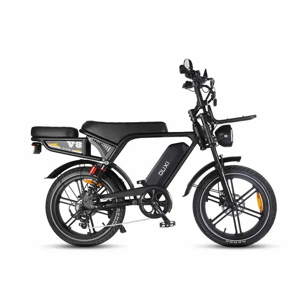 Ouxi V8 Ultra fatbike in zwart, zijaanzicht van de rechterkant met lang zadel en voorrekje