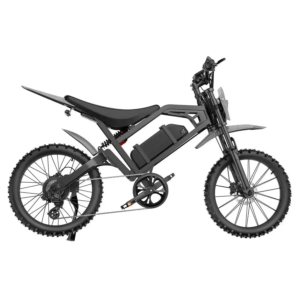 QMWheel V20 Cross Fatbike in Schwarz, komplette Seitenansicht mit Kette, Sattel und Stollenreifen