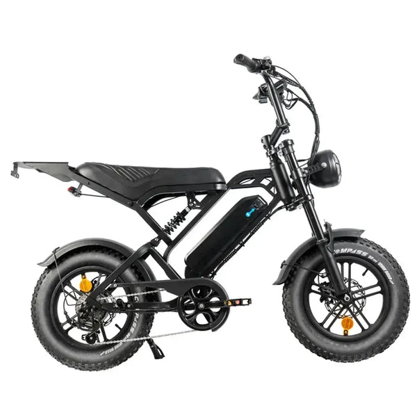 Siyah QMWheel V20 Mini fatbike, uzun sele, bagaj taşıyıcı ve kalın lastiklerle sağ yandan görünüm